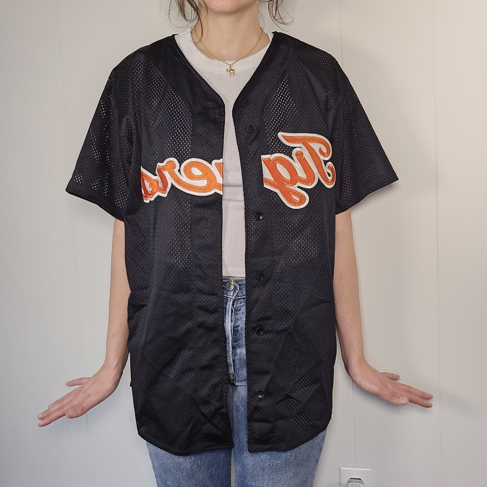 Tiger 21 Mesh Black Embroidered Baseball Jersey Large